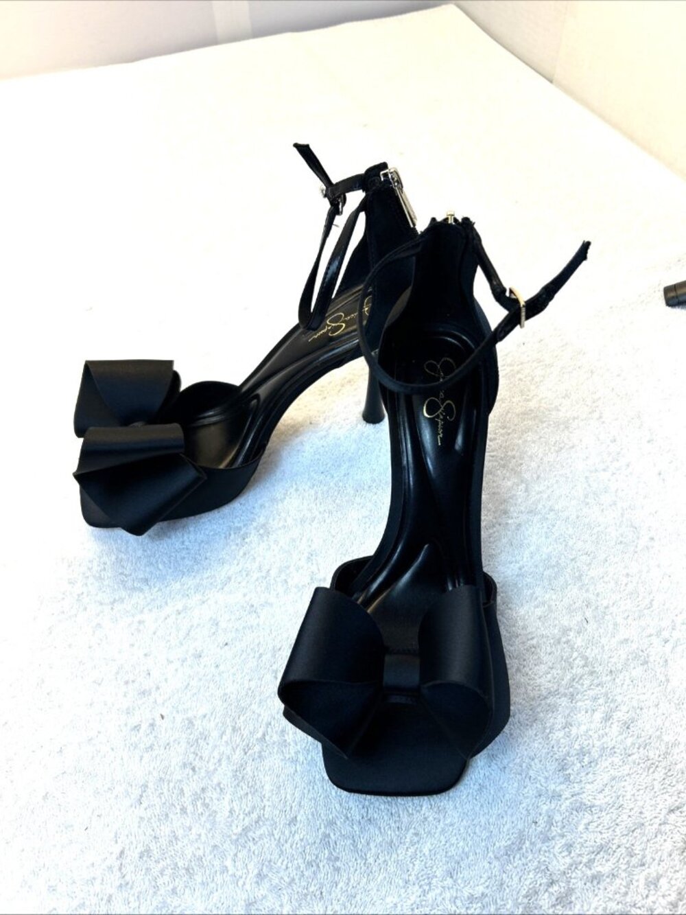 Jessica Simpson Anbrenne Black Stiletto Heel Peep Toe Bow Ankle Strap SZ 9.5 New